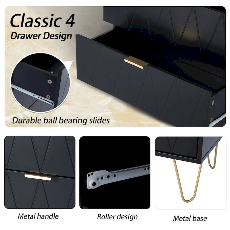 4 Drawers Chest Of Dresser Tall Storage Tower Cabinet with Metal Legs For Bedroom Living Room