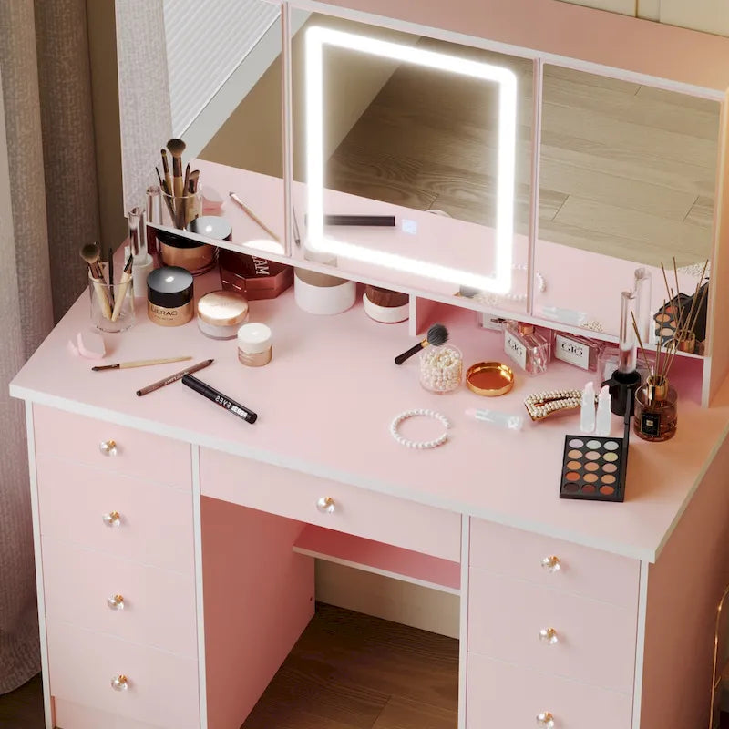 Makeup Vanity with 3-Color Lighted Mirror, Large Vanity Table Dressing