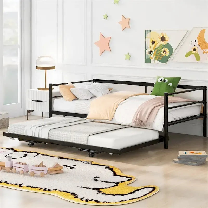 Merax Twin Size Metal Daybed with Adjustable Trundle, Pop Up Trundle