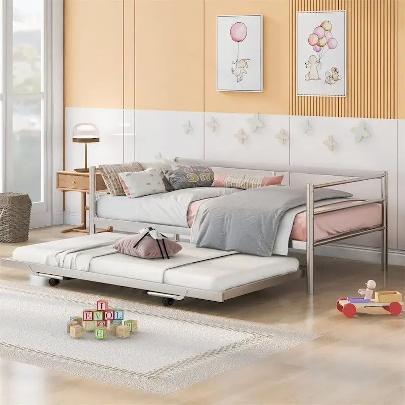 Merax Twin Size Metal Daybed with Adjustable Trundle, Pop Up Trundle