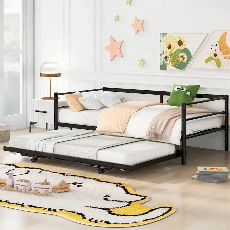 Merax Twin Size Metal Daybed with Adjustable Trundle, Pop Up Trundle