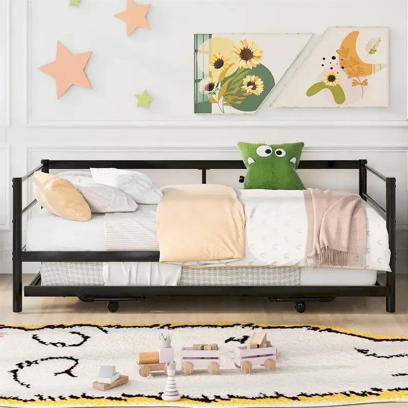 Merax Twin Size Metal Daybed with Adjustable Trundle, Pop Up Trundle