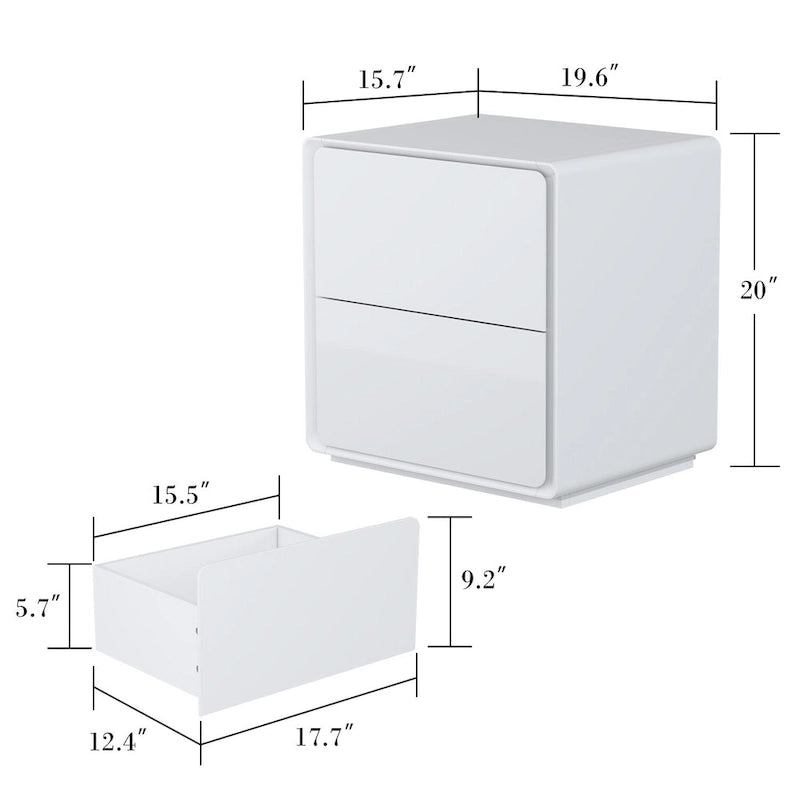 White Modern LED Nightstand High Gloss Bedside Tables with 2 Drawers