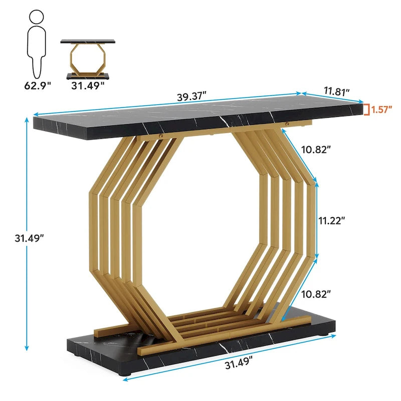 Gold Console Table, Faux Marble Entryway Table Narrow Sofa Table with Geometric Metal Base, 40 Inch Modern Accent Table