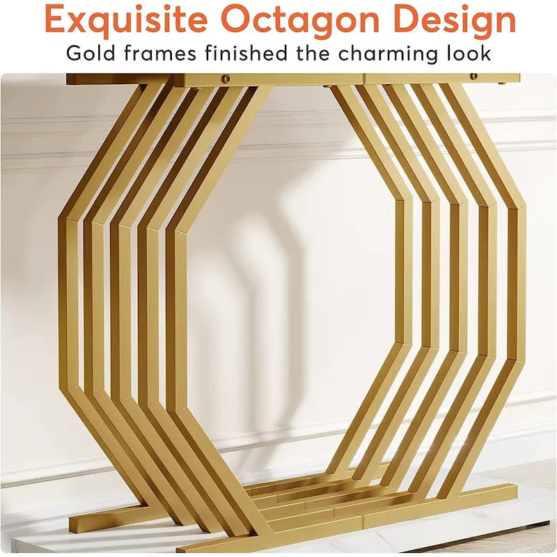 Gold Console Table, Faux Marble Entryway Table Narrow Sofa Table with Geometric Metal Base, 40 Inch Modern Accent Table