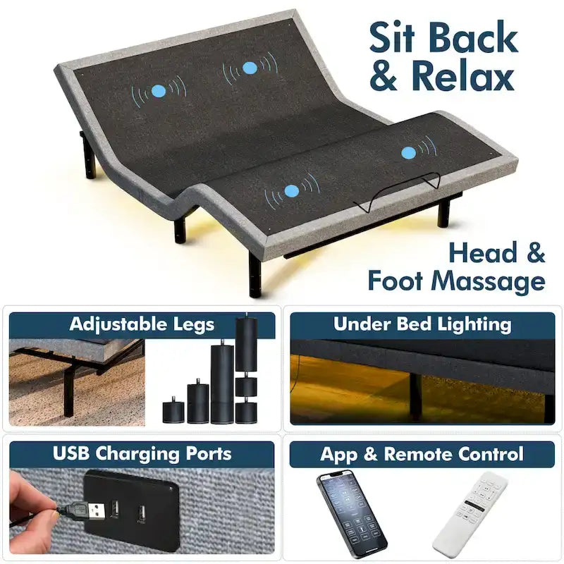 Renanim Zero Gravity Adjustable Bed Frame with 12 Memory Foam Mattress, Dual Massage, USB, Under Bed Light, Remote, App Control