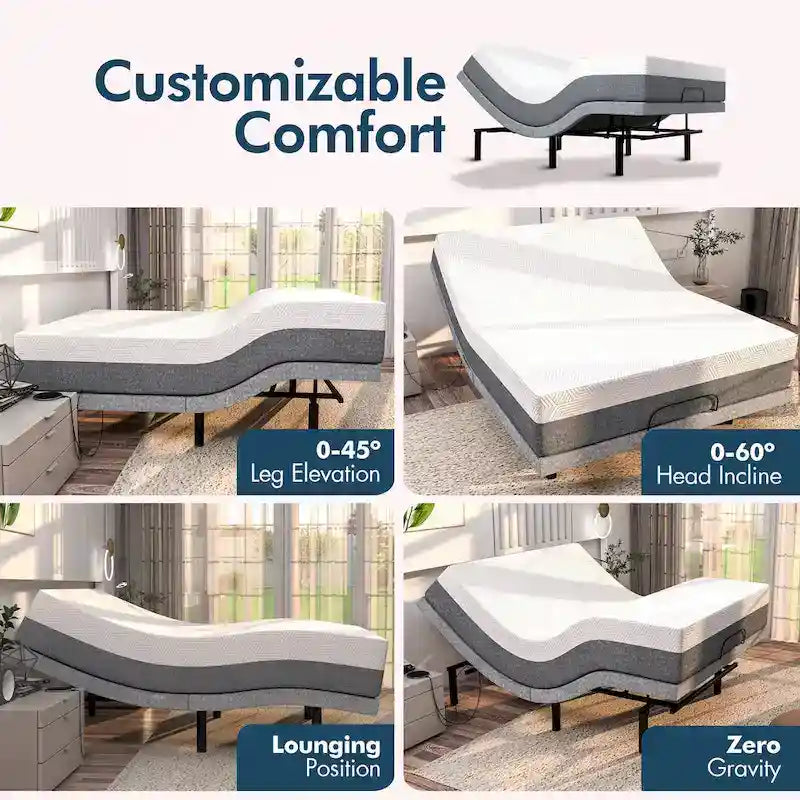 Renanim Zero Gravity Adjustable Bed Frame with 12 Memory Foam Mattress, Dual Massage, USB, Under Bed Light, Remote, App Control