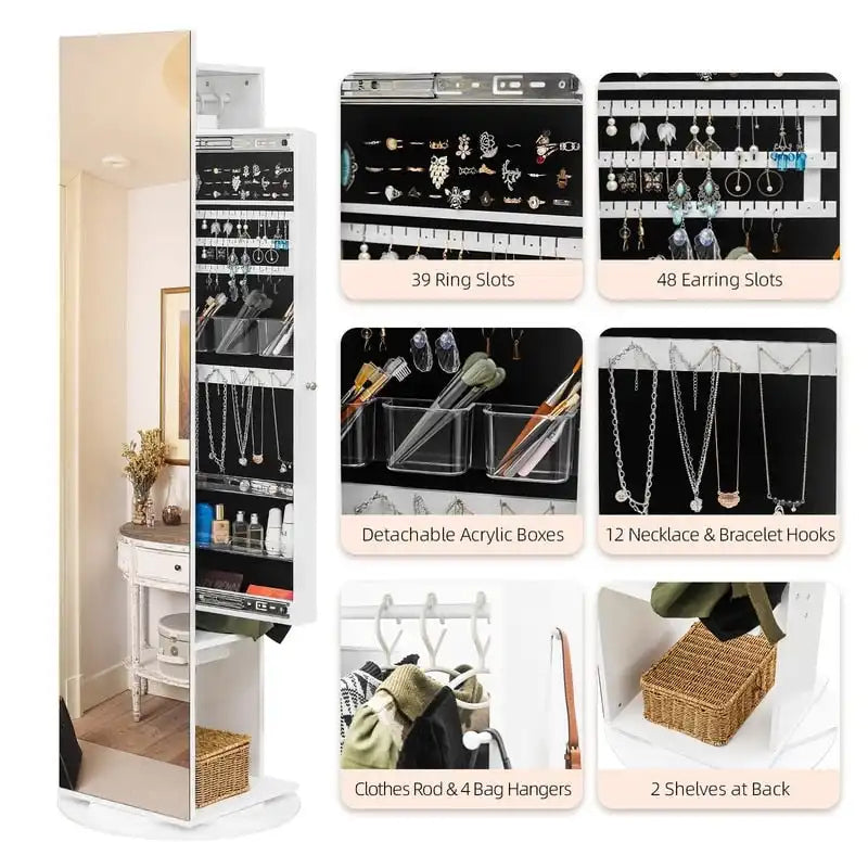360 Full Length Mirror Jewelry Armoire with Hall Tree - N/A
