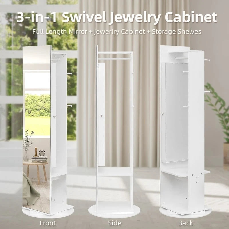 360 Full Length Mirror Jewelry Armoire with Hall Tree - N/A