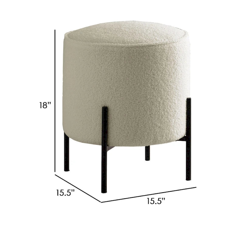 18 Inch Modern Foam Ottoman, Beige Faux Sheep Skin, Matte Black Metal Legs