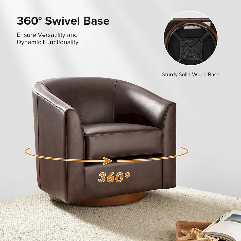 Althea Modern Genuine Leather Swivel Barrel Chair with Solid Wood Base Set of 2 By HULALA HOME