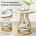 Round Side Table White Gold End Table 2-Tier End Table Modern Bedside Table Small Side Table with Storage for Living Room
