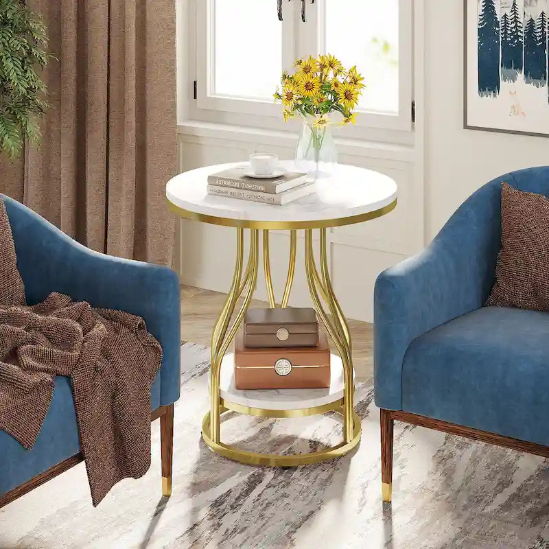 Round Side Table White Gold End Table 2-Tier End Table Modern Bedside Table Small Side Table with Storage for Living Room
