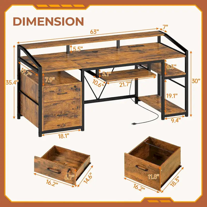 LED Computer Desk With Lock Drawers Keyboard Tray Power Outlet