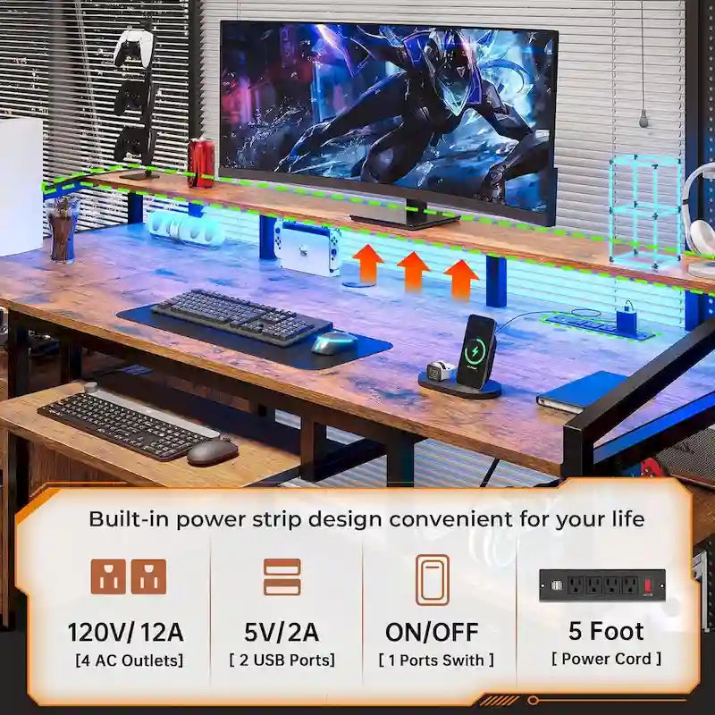 LED Computer Desk With Lock Drawers Keyboard Tray Power Outlet