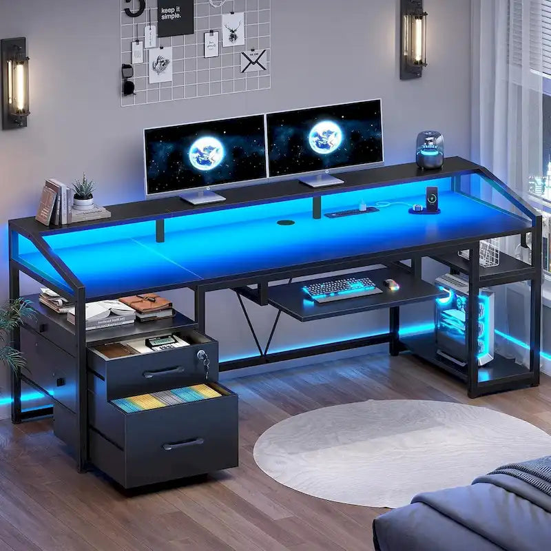 LED Computer Desk With Lock Drawers Keyboard Tray Power Outlet