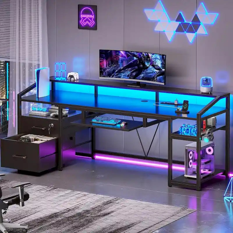 LED Computer Desk With Lock Drawers Keyboard Tray Power Outlet