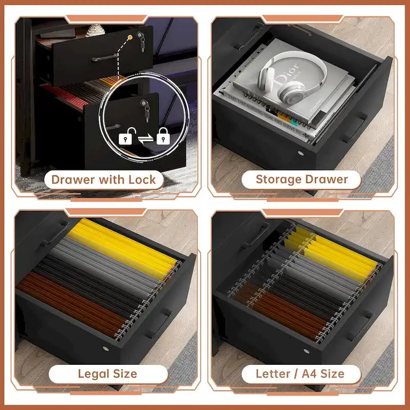 LED Computer Desk With Lock Drawers Keyboard Tray Power Outlet