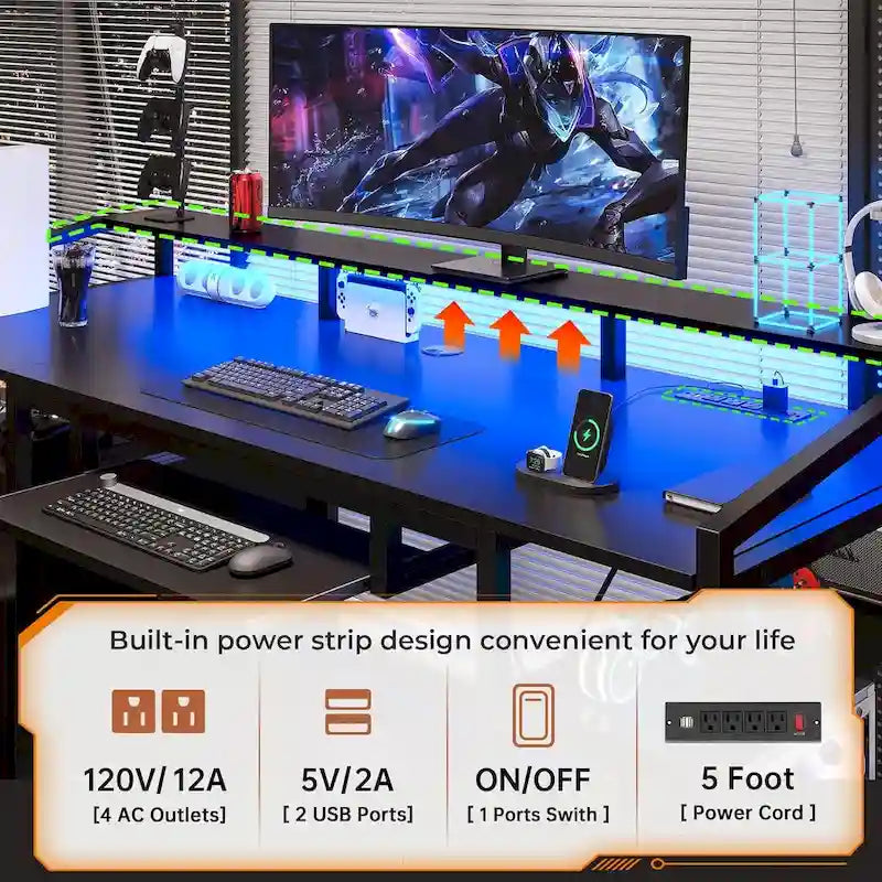 LED Computer Desk With Lock Drawers Keyboard Tray Power Outlet
