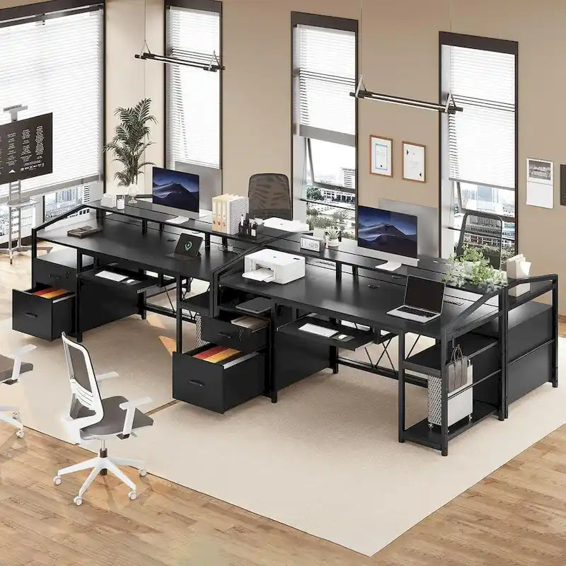 LED Computer Desk With Lock Drawers Keyboard Tray Power Outlet