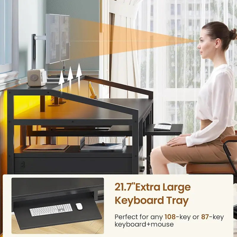 LED Computer Desk With Lock Drawers Keyboard Tray Power Outlet