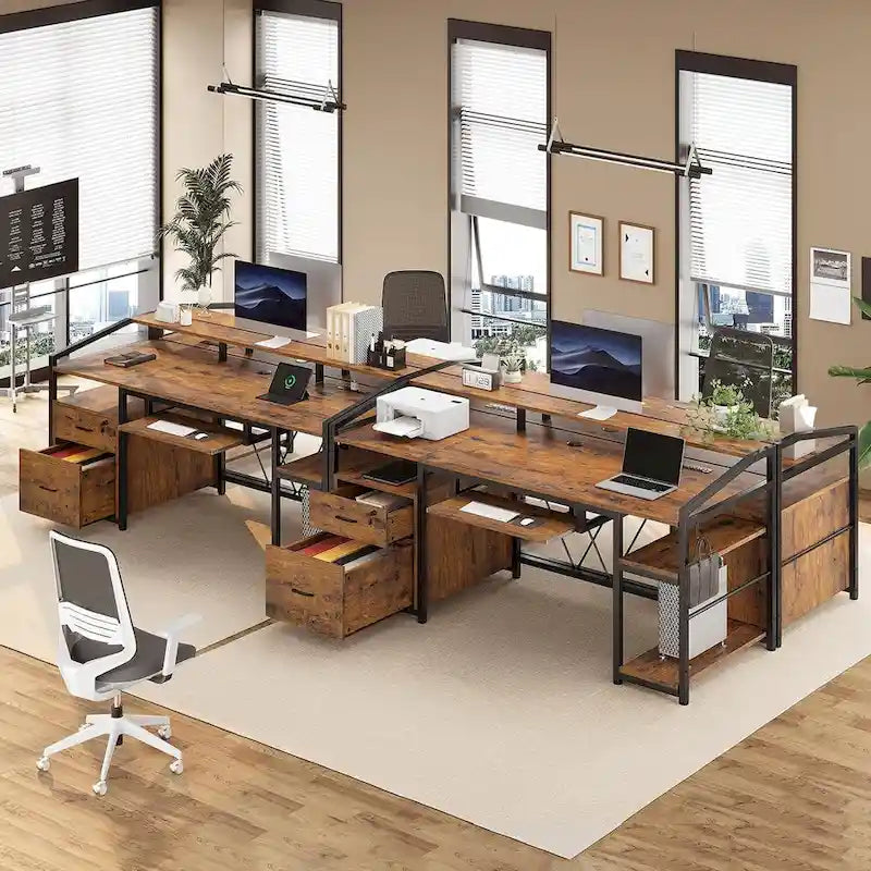LED Computer Desk With Lock Drawers Keyboard Tray Power Outlet