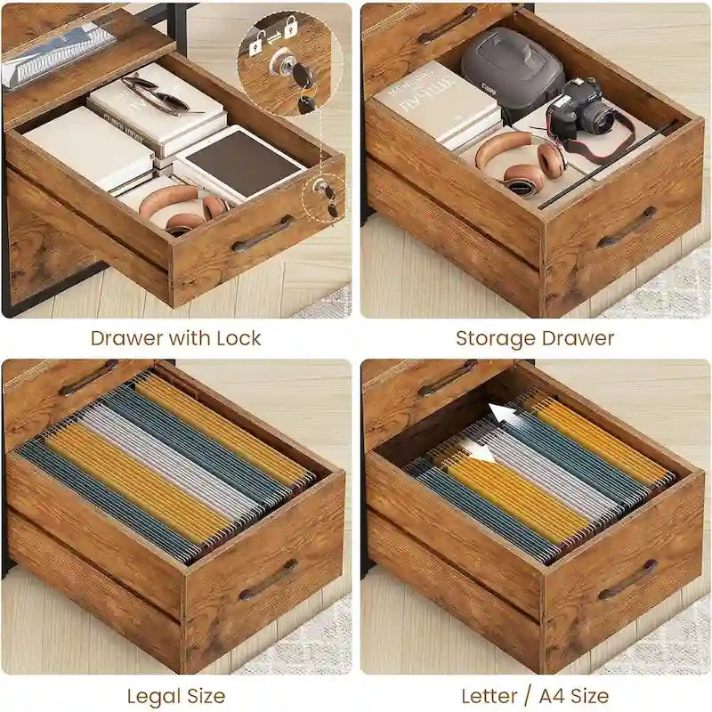 LED Computer Desk With Lock Drawers Keyboard Tray Power Outlet