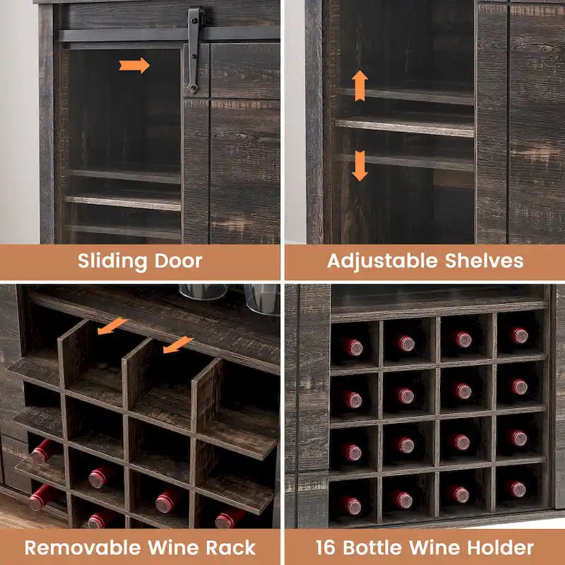 Farmhouse 47 Wine Bar Cabinet Buffet Sideboard Cabinet with 16 Bottle Wine Rack - 15.7D x 47.2W x 34.61H