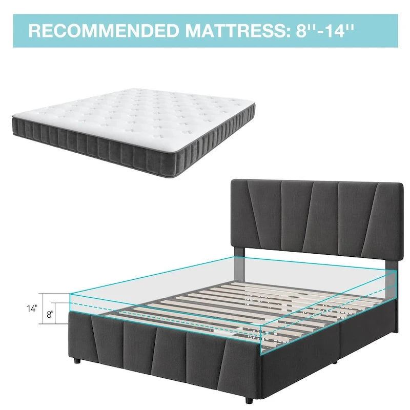 Transitional Upholstered Platform Bed Frame with Adjustable Headboard and 4 Storage Drawers
