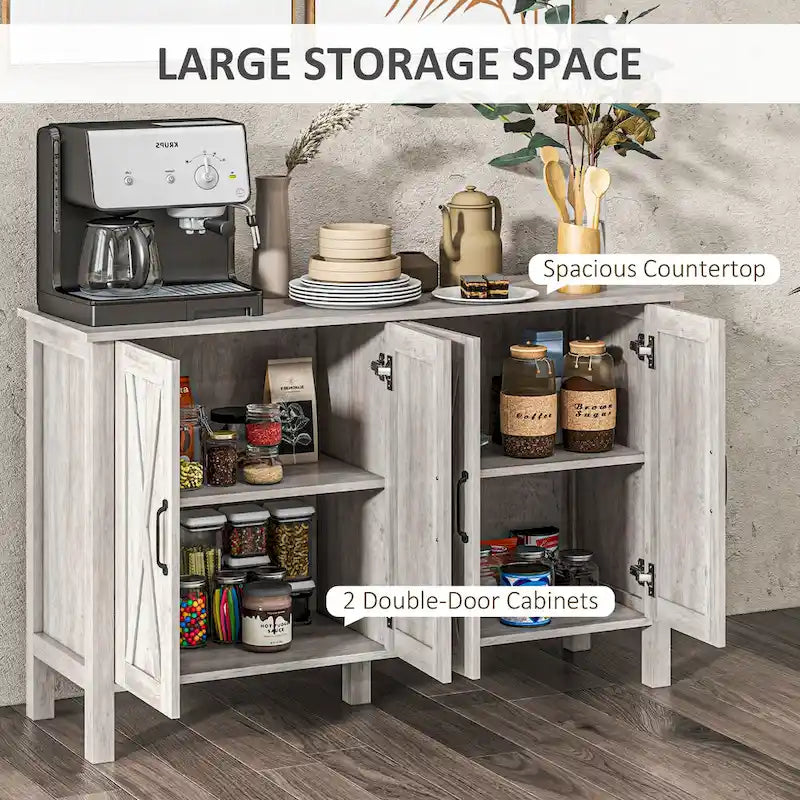 HOMCOM Buffet Cabinet, 47 Sideboard with 4 Barn Doors and 2 Adjustable Shelves, Farmhouse Coffee Bar Cabinet