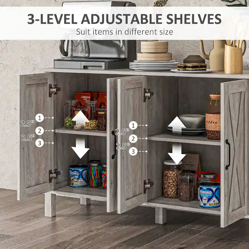 HOMCOM Buffet Cabinet, 47 Sideboard with 4 Barn Doors and 2 Adjustable Shelves, Farmhouse Coffee Bar Cabinet