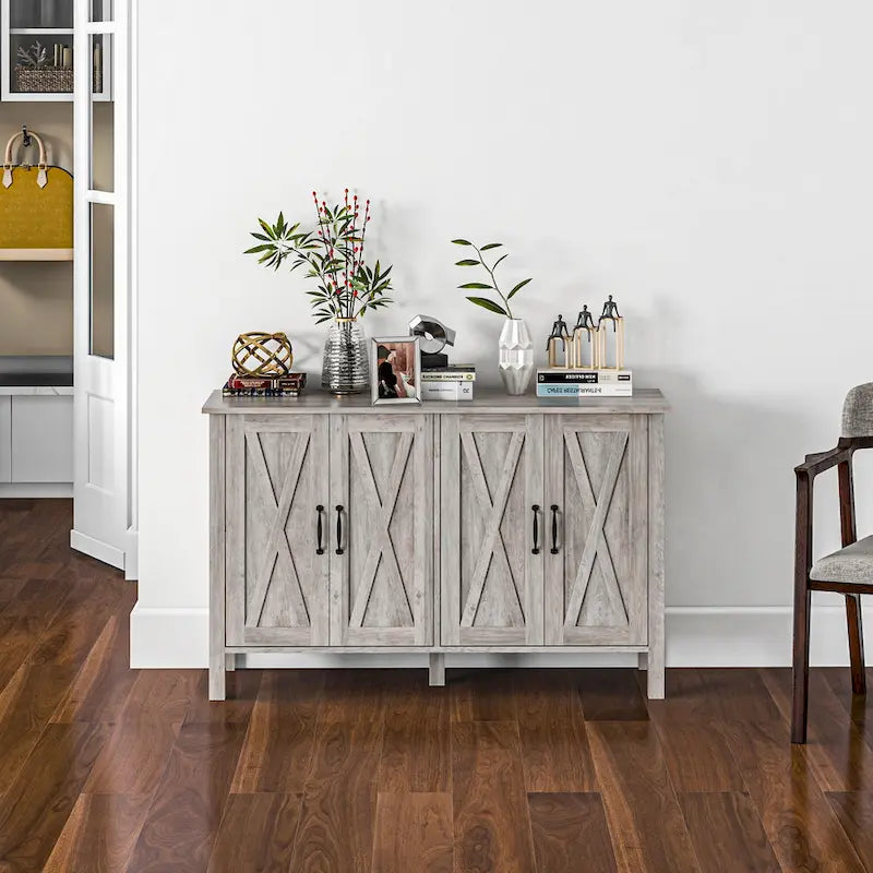 HOMCOM Buffet Cabinet, 47 Sideboard with 4 Barn Doors and 2 Adjustable Shelves, Farmhouse Coffee Bar Cabinet