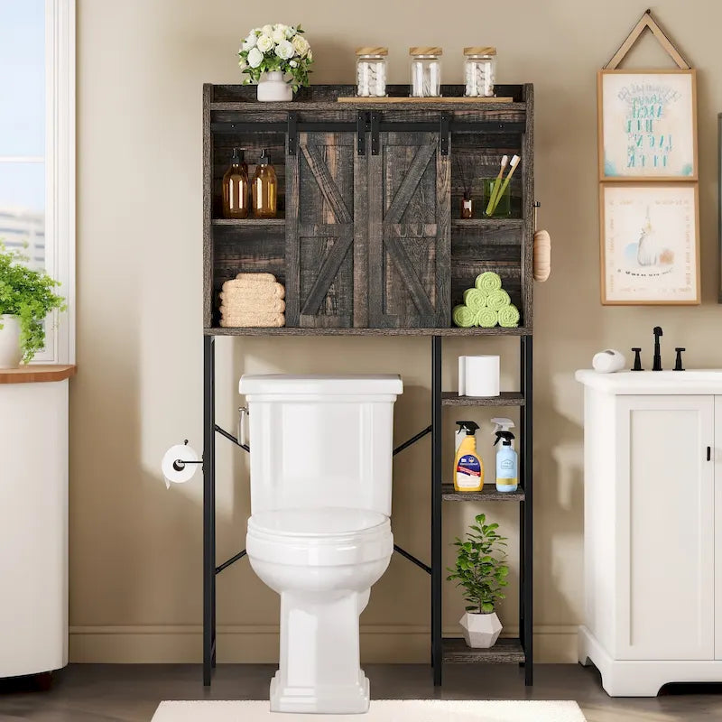 Moasis 61 Tall Over The Toilet Storage Cabinet Rack with Farmhouse Sliding Door and Metal Base