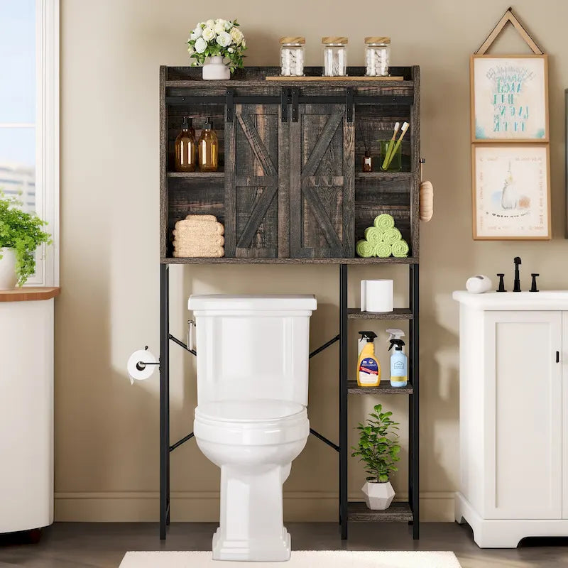 Moasis 61 Tall Over The Toilet Storage Cabinet Rack with Farmhouse Sliding Door and Metal Base