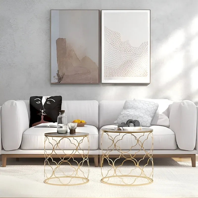 Coffee Table Set of 2 with Glass Top and Metal Wire, Round Side End Table
