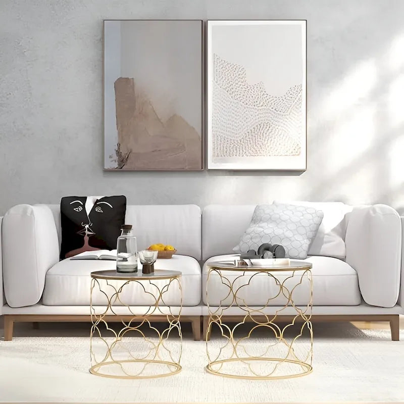 Coffee Table Set of 2 with Glass Top and Metal Wire, Round Side End Table