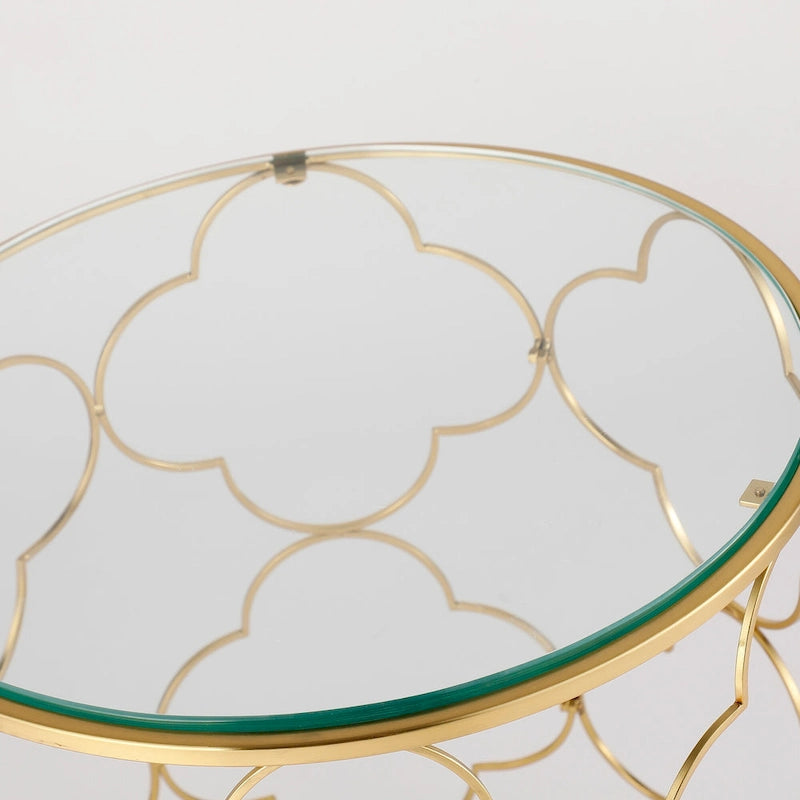 Coffee Table Set of 2 with Glass Top and Metal Wire, Round Side End Table