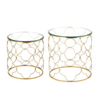 Coffee Table Set of 2 with Glass Top and Metal Wire, Round Side End Table