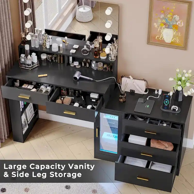 Makeup Vanity Table Mirror Lights LED Dresser 5 Drawers Cabinet