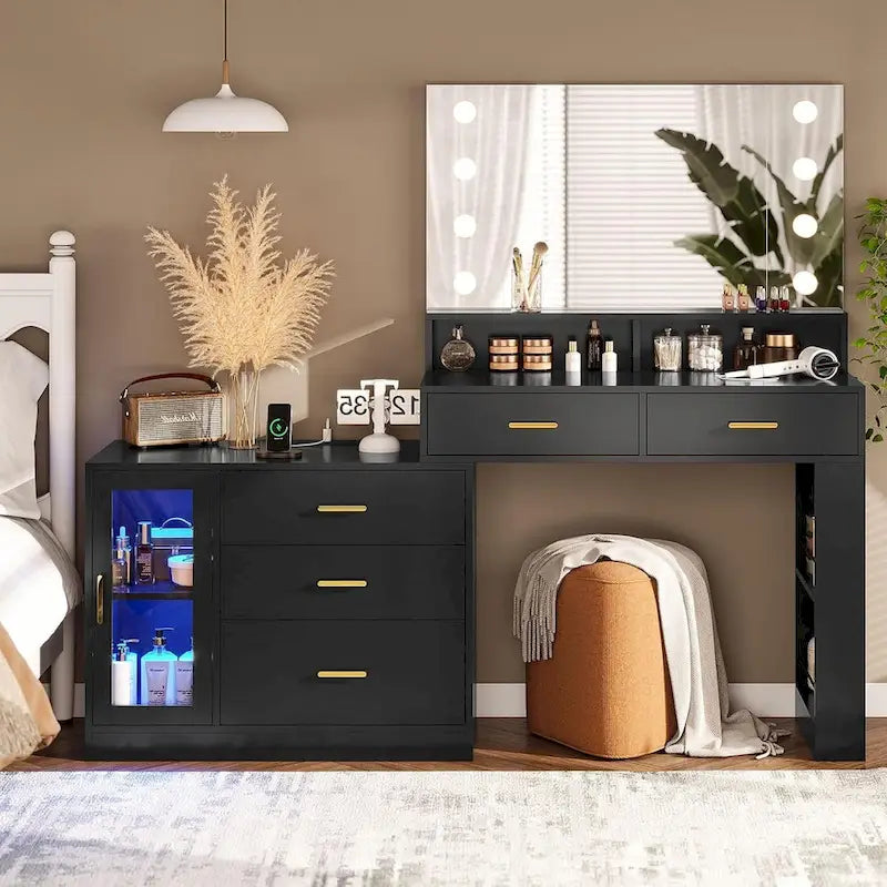 Makeup Vanity Table Mirror Lights LED Dresser 5 Drawers Cabinet