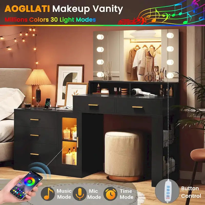 Makeup Vanity Table Mirror Lights LED Dresser 5 Drawers Cabinet