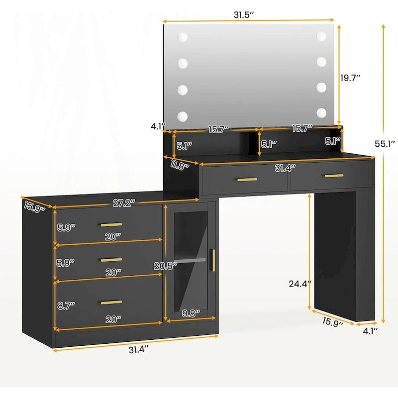 Makeup Vanity Table Mirror Lights LED Dresser 5 Drawers Cabinet