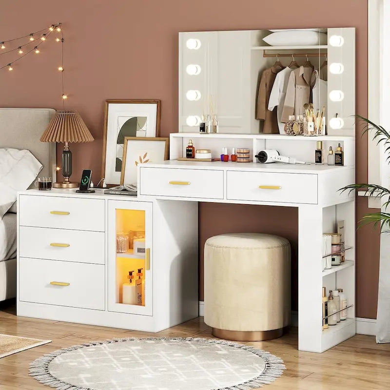 Makeup Vanity Table Mirror Lights LED Dresser 5 Drawers Cabinet