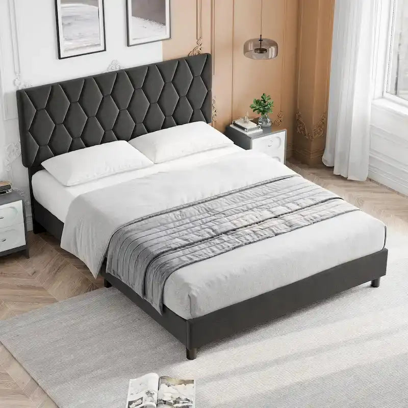 Diamond Upholstered Platform Bed Frame Wood Slat Support