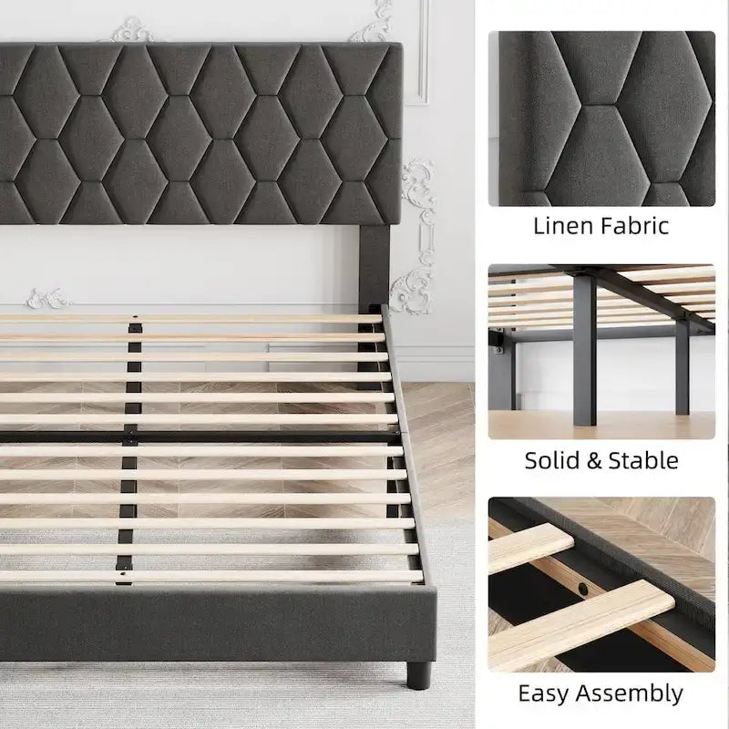 Diamond Upholstered Platform Bed Frame Wood Slat Support