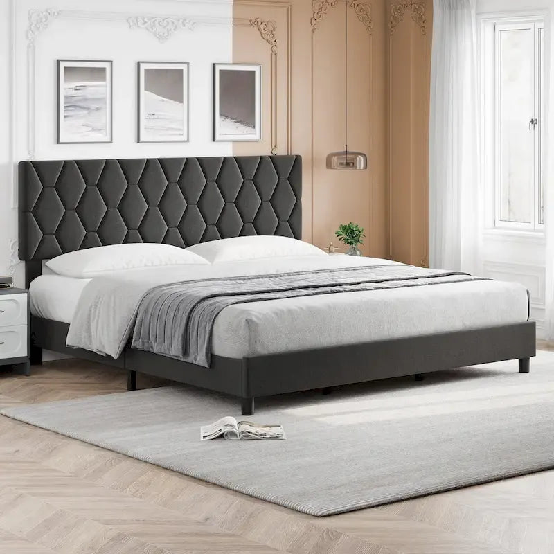 Diamond Upholstered Platform Bed Frame Wood Slat Support