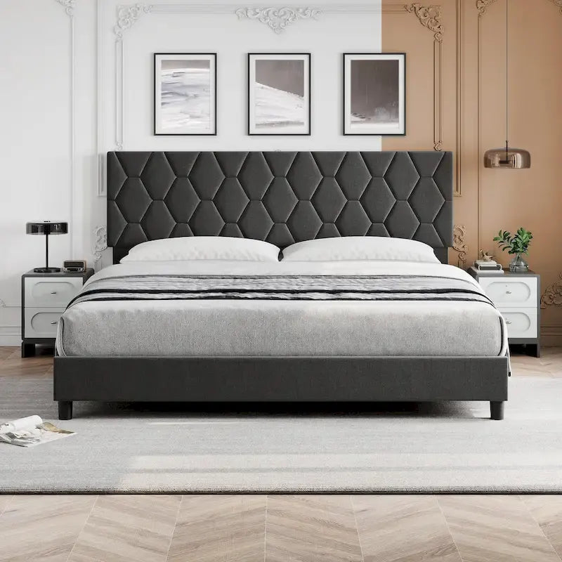 Diamond Upholstered Platform Bed Frame Wood Slat Support