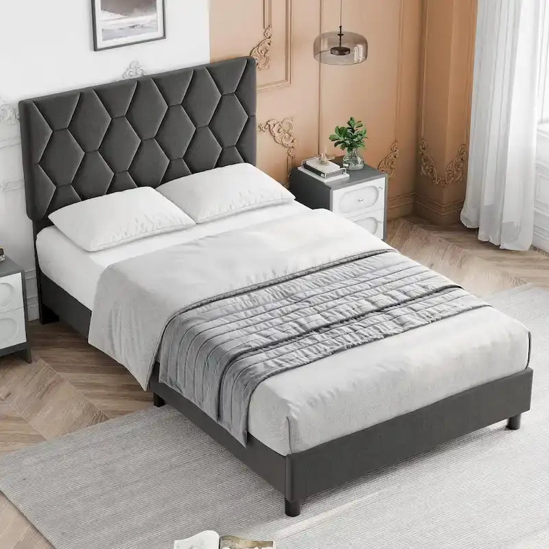 Diamond Upholstered Platform Bed Frame Wood Slat Support