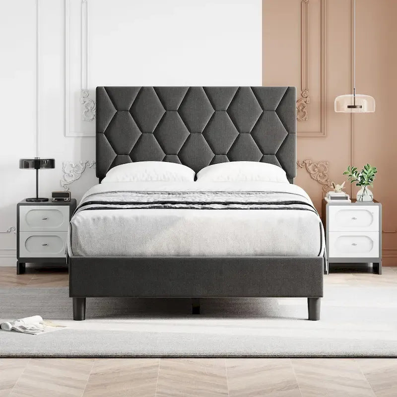 Diamond Upholstered Platform Bed Frame Wood Slat Support