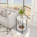2-Tier Round Marble Sofa Side Table Coffee End Table Metal Black Frame